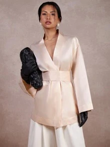 COSMINA 女士纯色 V 领长袖休闲优雅连衣裙 - 杏色 - 查看 5