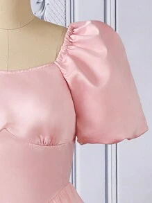 Vestido estilo cosecha mini de satén para adolescente con mangas abullonadas Y2K - Rosa - Ver 3