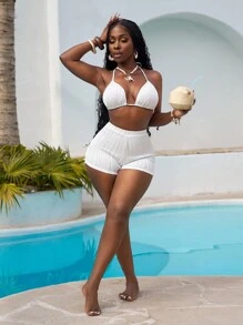 Slaydiva 2 件套比基尼套装，带肩带三角形上衣和短裤，夏季时尚沙滩泳装 - 白色 - 查看 5