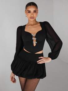 Glamine Glamine Valentine's Day Retro Simple & Elegant See-Through Spliced ​​Sleeves Solid Color Women's Long-Sleeved Heart Neckline Blouses Cut-Out Pearls Bow-Detail Corset Top In Black