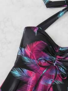 SHEIN Set da 2 pezzi per vacanze al mare, top con scollo ad aletta e slip da bagno con coulisse e stampa casuale di piante tropicali, slip da bagno con taglio alto, set bikini da vacanza, per l estate