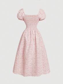 SHEIN MOD Vestido de manga abullonada con lazo y textura de longitud media para mujer, vestido de graduación, vestidos modestos para mujer - Rosa - Ver 2