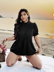 SHEIN Clasi Áo cánh xếp ly cổ đứng thanh lịch cỡ lớn tay bèo nhún - màu đen - Xem 3