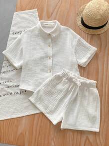 Set de 2 piezas de camisa informal tejida lisa y shorts para niña joven