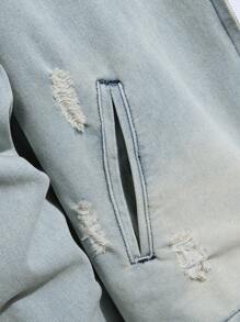 Manfinity Homme 男式长袖拉链破洞牛仔夹克 - 淺色水洗藍 - 查看 5