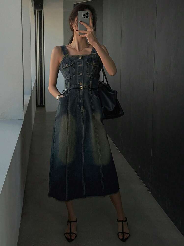 Women's Fringe Trimmed Denim Pinafore Dress Sundress Maxi Dress