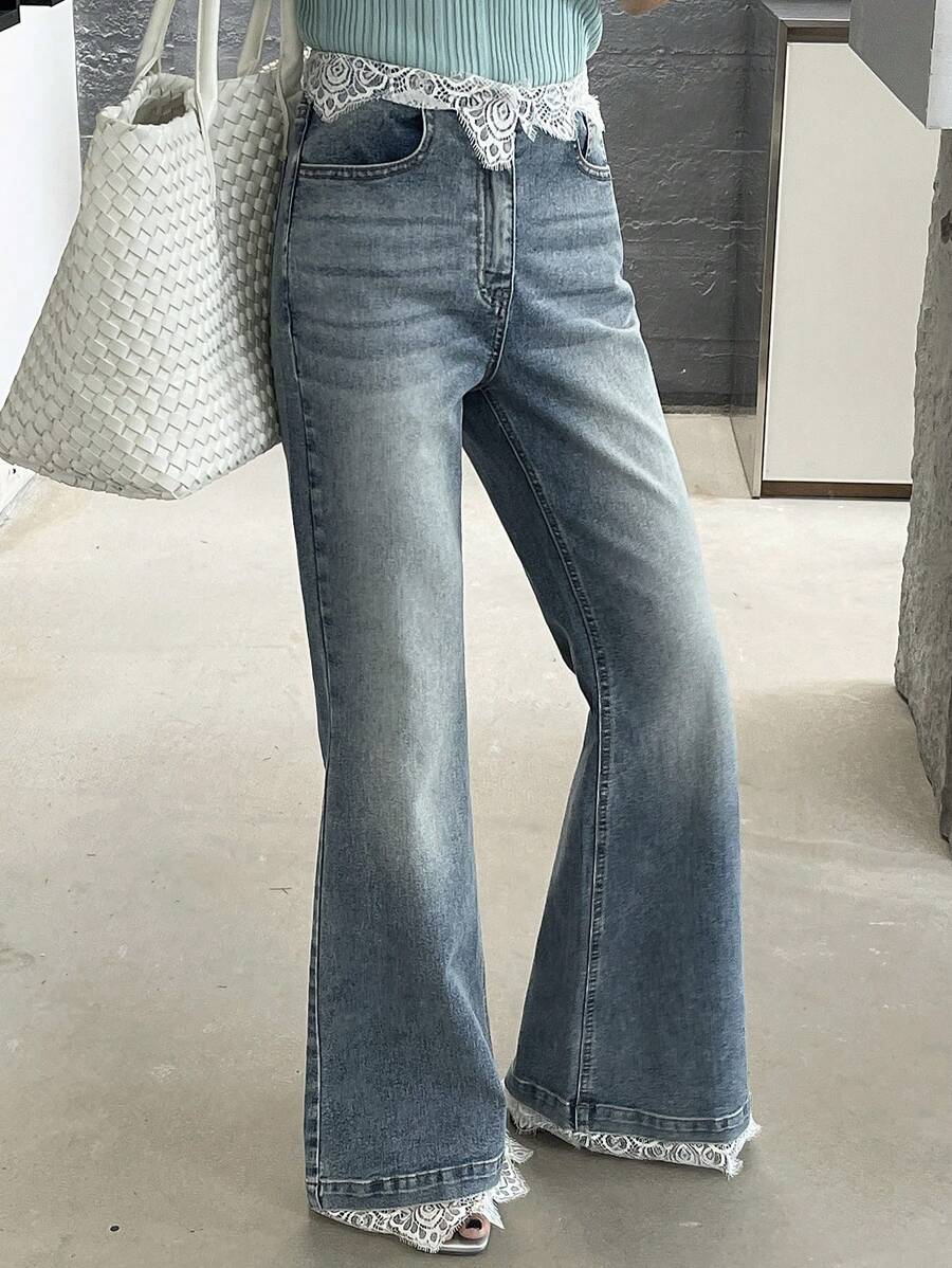 DAZY Women's Lace Patchwork Flared Jeans - Medium Wash - View 1