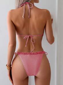 Swim Mod Women's Striped Nautical Style Splice Frill Trim Halter Tie Side Bikini Set, For Summer Beach Vacation - Red and White - View 2