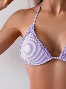 Swim Mod Women's Summer Beach Vacation Striped Nautical Style Patchwork Frill Trim Tie Side Bikini Set - Mauve Purple - View 4
