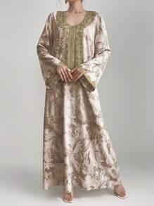 Al Najma Women's Tie Dye Lace Splice Bell Sleeve Arabic Style Dress, Modest Kaftan - Khaki - View 4