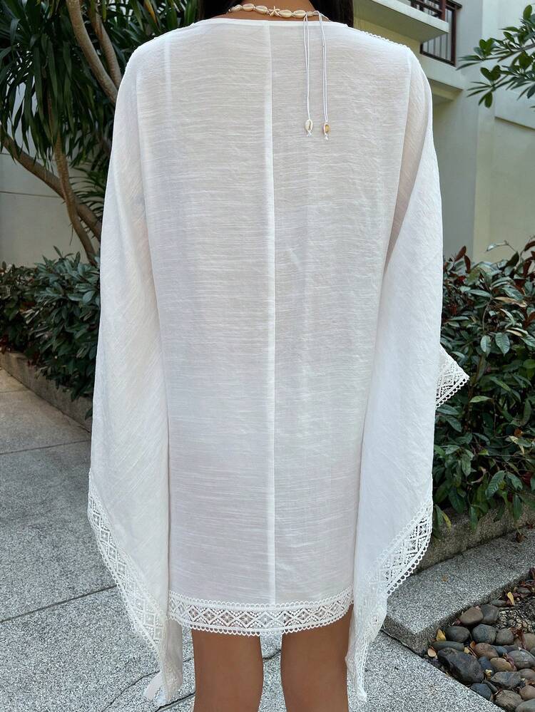 Bohemian Style Solid Color Lace Patchwork Loose Pullover Blouse For Women, Spring And Summer Long Sleeve Top