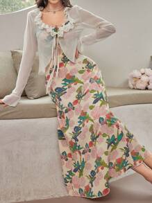 Modelyn Set de 2 piezas: Top de manga larga con volantes de unicolor y vestido de tirantes con estampado floral para mujeres