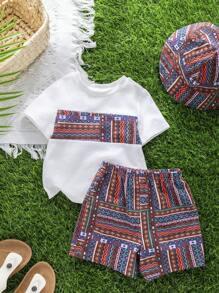 SHEIN Bộ 2 món áo thun cổ tròn màu tương phản thường ngày cho bé trai, quần short và mũ, trang phục 3 món, thích hợp cho mùa xuân hè, mặc ở nhà và ngoài trời, mặc khi đi du lịch và ngày lễ - Đỏ - Xem 6