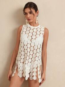 SHEIN Swim Women's Solid White Hollow Wave Trim Asymmetrical Tassel Hem Round Neck Sleeveless Dress Cover-Up, Romantic & Elegant For Festival, Beach, Holiday - White - View 6