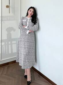 Dazy Petite Plus 大码拼色圆领中长连衣裙，黑白，90 年代春夏服装，秋季服装长袖格子连衣裙 - 黑與白 - 查看 6