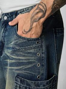 ROMWE MEN Street Life Short en jean décontracté ample avec ourlet brut et poches pour hommes - Bleu azur - Voir 2