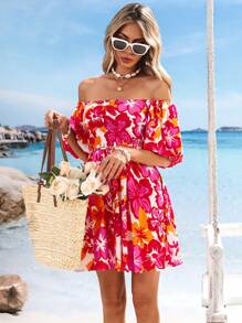 SHEIN VCAY 编织印花露肩短袖女式迷你连衣裙、夏装、情人节、女士度假服装、女士沙滩装、节日、浪漫、波西米亚风、波西米亚风、甜美、狂欢节服装、热带度假女装