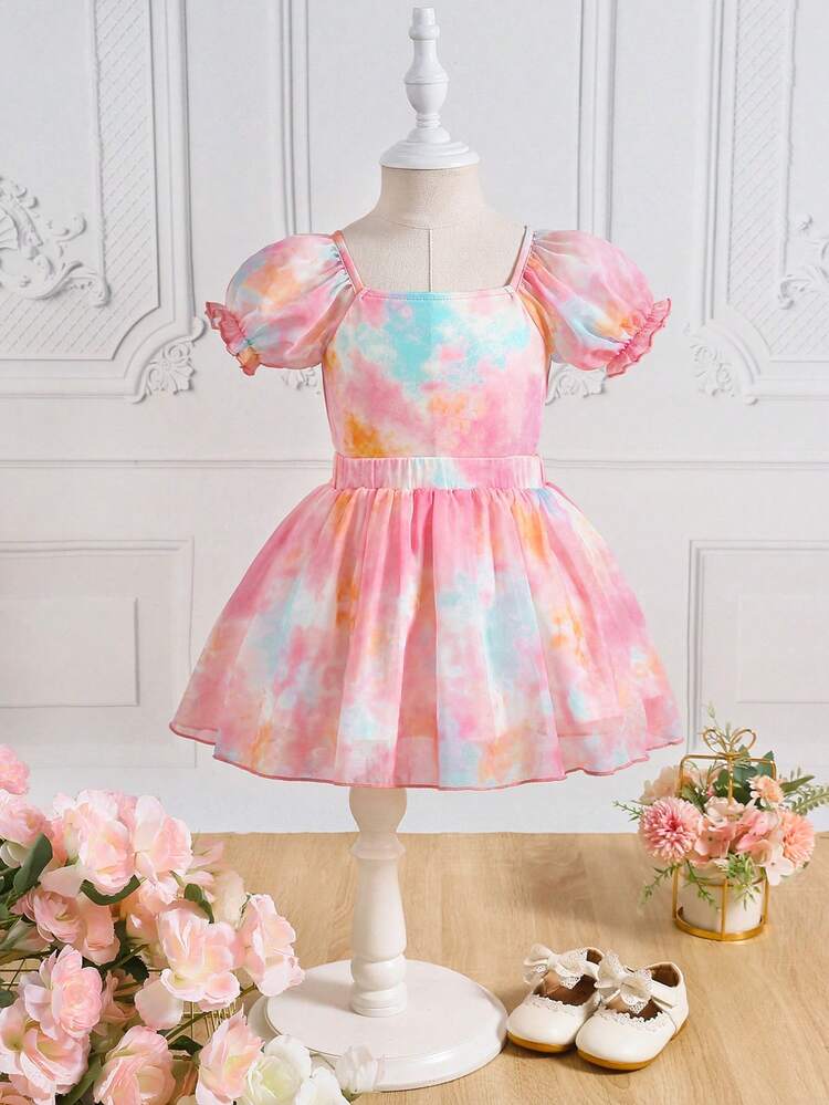 Girls Baby Toddler Spring Summer Tie Dye Watercolor Dreamy Two Pieces Set Puff Sleeve Stylish Design European And American Fashion - Pink - View 8