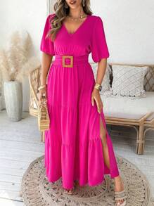 SHEIN LUNE Plus Size Hot Pink Maxi Dress For Women: Summer Vacation Tiered Dress With V-Neck And Belt - Hot Pink - View 1