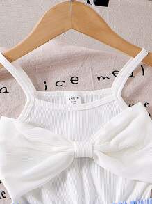 SHEIN 年轻女孩针织吊带背心条纹拼布连体裤，收腰宽松直筒裤，休闲夏日度假装 - 藍色 - 查看 7