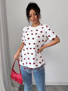 Chiquease Valentine's Day Date , Mesh & Heart Layered Loose Short Sleeve T-Shirt - White - View 5