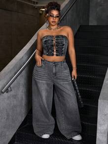 SHEIN ICON Plus Size Strapless Collar Simple Fitted Casual Denim Top - Black - View 5