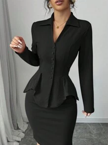 Elenzga 2pcs/Set Women Waist Cinching V-Neck Top And Bodycon Skirt Suit, Autumn/Winter Fall Cloth For Women - Black - View 3