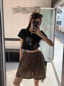 DAZY 女士豹纹松紧腰休闲短裤，夏季日常穿着 - 咖啡棕 - 查看 3