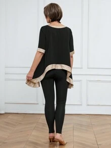 SHEIN LUNE 2 件套春季休闲装，女式拼色拼布衬衫和紧身裤套装 - 彩色 - 查看 2