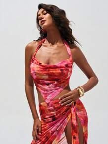 Opulessa 夏季度假服装女士海滩花卉印花波西米亚风波西米亚节针织网眼花卉印花垂领背心女式