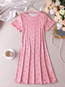 青少年女孩圆领短袖全身印花休闲睡衣套装 - 粉色 - 查看 1