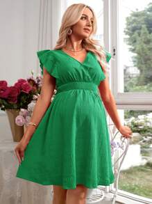 SHEIN Maternity Solid Color Casual Romantic Holiday Ruffle Sleeve V-Neck Blouse - Green - View 5