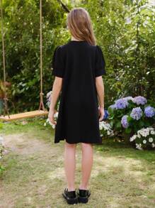 SHEIN Tween Girls' Knitted 3D Bow Puff Sleeve A-Line Dress, Sweet Elegant Style - Black - View 4