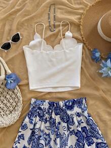 Soleia 2 pièces Ensemble de tenues d'été pour femme en vacances, débardeur blanc à élastique et shorts décontractés à imprimé floral