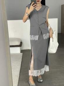 DAZY 女士 V 领蕾丝拼布开衫衬衫和裙子 2 件套 - 灰色 - 查看 1