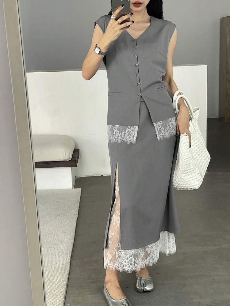 Women's V-Neck Lace Patchwork Cardigan Shirt And Skirt 2 Pieces Set