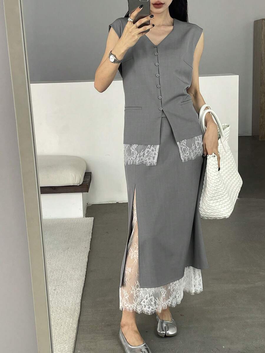 DAZY 女士 V 领蕾丝拼布开衫衬衫和裙子 2 件套 - 灰色 - 查看 1