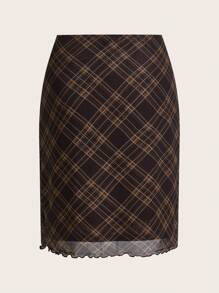 SHEIN EZwear 棕色格子编织女士休闲百搭及膝裙 - 棕色 - 查看 2