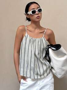 DAZY 女士宽松条纹吊带背心，休闲百搭夏季上衣 - 黑色 - 查看 3