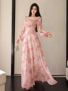 Modelyn Women's Chiffon Ditsy Floral Draped Neck Waist Fit & Flare Casual Holiday Dress Fall Cloth For Women