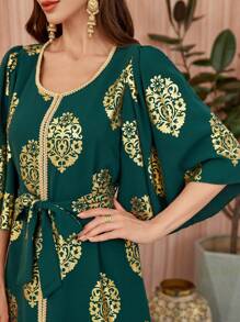Al Najma Women's Solid Color Patchwork Print Casual Long Arabian Dress Kaftan Jalabiya Dress - Green - View 3