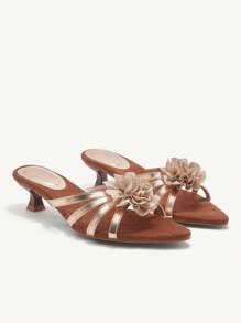 CUCCOO CHICEST Women Pointed Toe Criss-Cross Strap Champagne Rose Flower Sexy Open Toe Outdoor Stilettos High Heel Sandals - Champagne - View 2