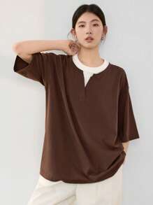 Dazy-Less Loose Business Casual Color Block Short Sleeve T-Shirt For Women Summer Old Money Style Oversized T-Shirt