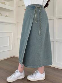 Dazy Plus 大码水洗做旧直筒系带连体牛仔裙，适合所有季节秋冬 - 藍色 - 查看 7