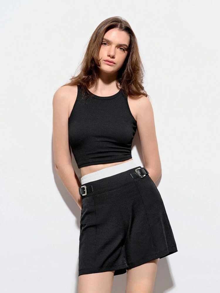 SHEIN Maija Spring And Summer New Style Black 2 In 1 Spliced ​​Waist PU Belt Decoration Women's Shorts Urban Modern Elegant Sleeveless Daily Casual Commuting Suitable For Going Out For Vacations, Holiday Parties, Weddings And Dates.