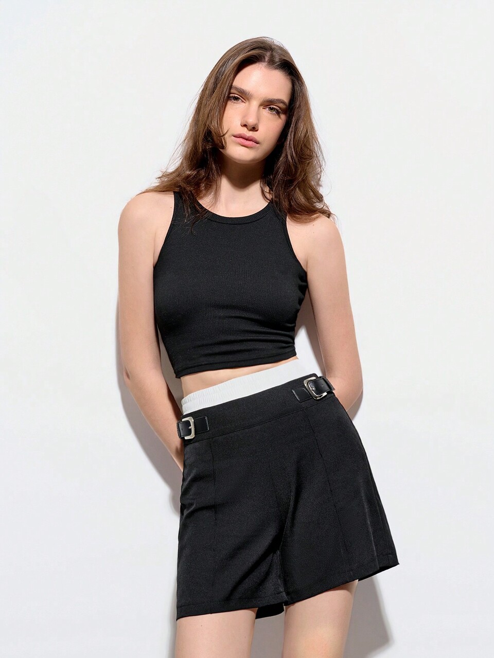 SHEIN Maija Women's Black And White Summer Casual Shorts,2 In 1 Spliced Waist PU Belt Decoration,Elegant Modern Date Wear,Sleeveless Commuting Style For Holiday