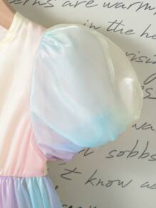 女婴夏季韩版时尚泡泡短袖 3D 蝴蝶结渐变色连衣裙 - 彩色 - 查看 6