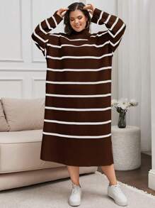 EURMUSE Plus Size Stand Collar Long Sleeve Striped Split Dress, Casual Daily Wear - Brown - View 6
