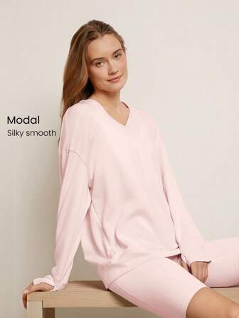 GLOWMODE Modal Silky Smooth Oversized V-Neck Hip Length Long Sleeve Sweatshirt With Thumbholes Daily Casual Fall