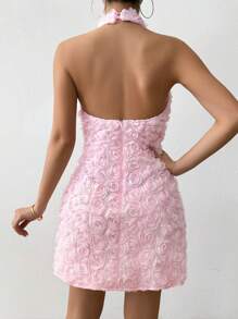 SHEIN Clasi 女士粉红玫瑰印花露背收腰修身宴会礼服 - 粉色 - 查看 2